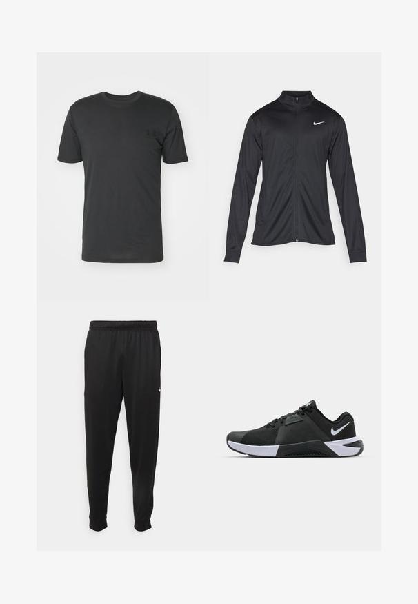 Jacket desportivo preto com mangas longas, colarinho e fecho zip completo. Apresenta um discreto logotipo da Nike em branco na parte superior do lado esquerdo do peito. Textura suave.; T-shirt preta de mangas curtas, feita de algodão, com decote redondo e um pequeno logótipo preto na área do peito esquerdo.; Calças de desporto pretas feitas de tecido suave, com uma cintura elástica, pernas ajustadas e um pequeno logo branco no lado esquerdo.; Nike Performance METCON 10 - Sapatilha de treino - black/white/anthracite