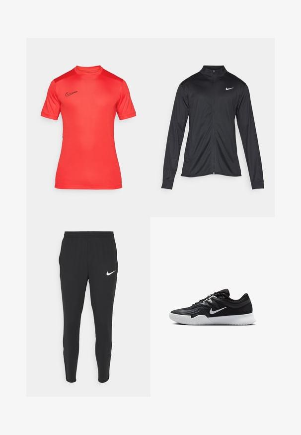 Fekete sportdzseki hosszú ujjal, gallérral és teljes cipzárral. Diszkrét fehér Nike logóval az upper bal mellen. Sima textúra.; Piros Nike sportpóló rövid ujjakkal, kerek nyakkivágással és fekete logóval a mellen. Simább, rugalmas anyagból készült.; Fekete sportnadrág, slim fit szabással, rugalmas derékpánttal és fehér Nike logóval a bal combnál. Puha anyag, sima textúrával.; Fekete sportcipő texturált felsőrésszel, fehér Nike logóval és fehér gumitalppal. Fűzős kialakítással és dinamikus formával rendelkezik.