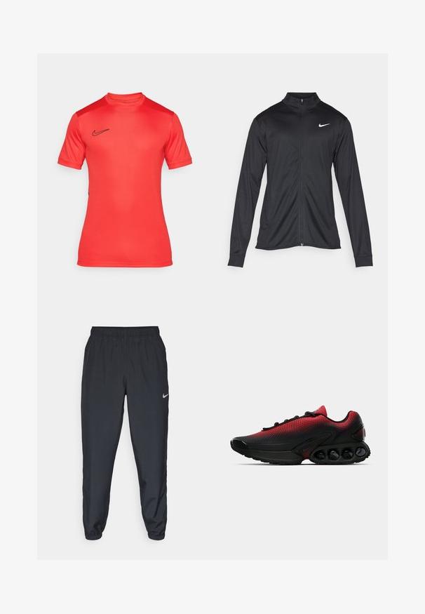 Fekete sportdzseki hosszú ujjal, gallérral és teljes cipzárral. Diszkrét fehér Nike logóval az upper bal mellen. Sima textúra.; Piros Nike sportpóló rövid ujjakkal, kerek nyakkivágással és fekete logóval a mellen. Simább, rugalmas anyagból készült.; Fekete sportnadrág könnyű anyagból, rugalmas derékkel és bokacsatokkal, a bal oldalon egy diszkrét Nike logóval.; Fekete és piros sneaker, hálós felsőrésszel, sima gumitalppal, kidudorodó fűzőkkel és kiemelkedő légpárnás pods-okkal a középtalpon.