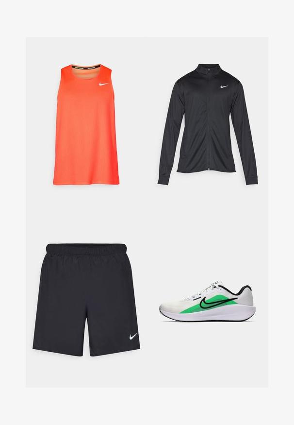 Black athletic jacket with long sleeves, collar, and full zipper. Features a subtle Nike logo in white on the upper left chest. Smooth texture.; Bright orange sleeveless Nike running tank top with white swoosh logo on chest and "Nike Running" text inside collar.; Black athletic shorts made of lightweight material with an elastic waistband. Features a small white Nike logo on the lower left side.; White athletic shoe with a green accent, black logo, mesh upper, cushioned sole, and a rounded heel. Features laces and contrast detailing.