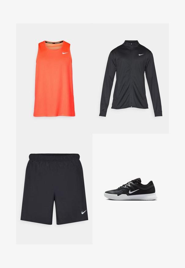 Black athletic jacket with long sleeves, collar, and full zipper. Features a subtle Nike logo in white on the upper left chest. Smooth texture.; Bright orange sleeveless Nike running tank top with white swoosh logo on chest and "Nike Running" text inside collar.; Black athletic shorts made of lightweight material with an elastic waistband. Features a small white Nike logo on the lower left side.; Black athletic shoe with a textured upper, white Nike swoosh, and a white rubber outsole. Features a lace-up design and dynamic shape.