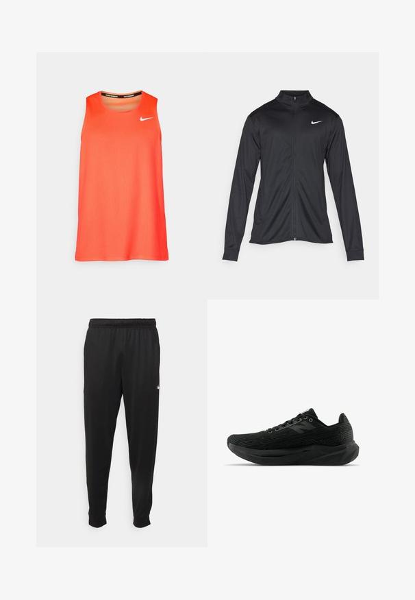 Schwarze Sportjacke mit langen Ärmeln, Kragen und voller Reißverschluss. Verfügt über ein dezentes Nike-Logo in Weiß auf der oberen linken Brust. Glatte Textur.; Helles orange ärmelloses Nike Lauf-Top mit weißem Swoosh-Logo auf der Brust und "Nike Running"-Text im Kragen.; Schwarze Sporthosen aus glattem Stoff, mit einem elastischen Bund, schmal zulaufenden Beinen und einem kleinen weißen Logo auf der linken Seite.; Schwarzer Sportschuh mit strukturiertem Obermaterial, sportlichem Design, Schnürverschluss und einer dickeren profilierte Sohle für besseren Halt.