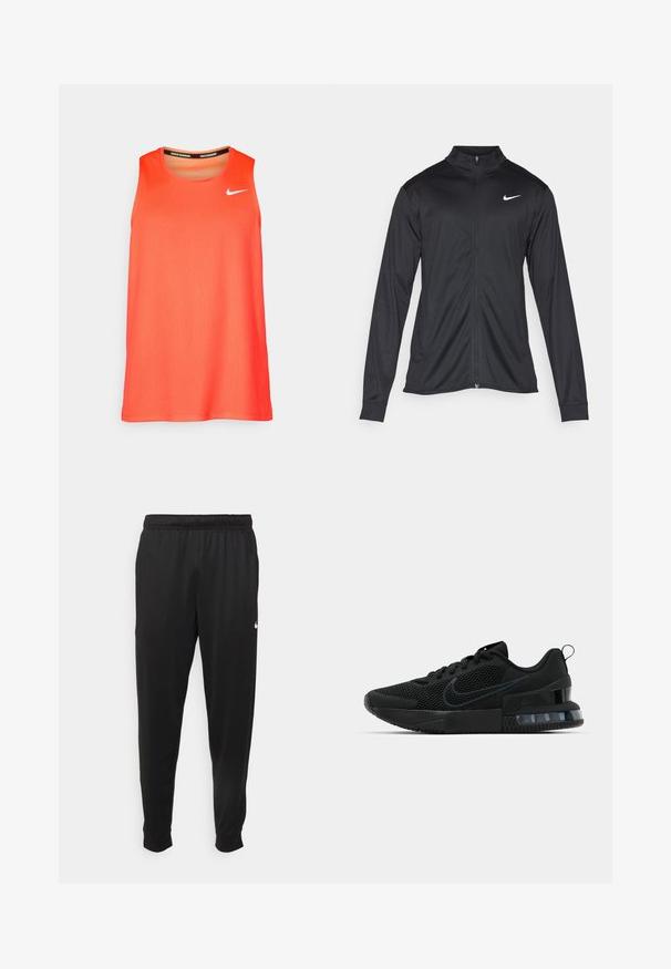 Melna sporta jaka ar garām piedurknēm, apkakli un pilnu rāvējslēdzēju. Uz kreisā krūts augšdaļas ir maigs Nike logo baltā krāsā. Gluda tekstūra.; Spilgtas oranžs bez piedurknēm Nike skriešanas krekls ar baltu swoosh logo uz krūtīm un "Nike Running" tekstu kakla iekšpusē.; Melnas sporta bikses, kas izgatavotas no gludas auduma, ar elastīgu jostu, sašaurinošām kājām un mazu balto logo kreisajā pusē.; Melni Nike sporta apavi ar tīkliņa virsmu, teksturētu zolīšu un redzamu gaisa spilvenu papēdī. Akcenti un logotips tumšākā melnā krāsā.
