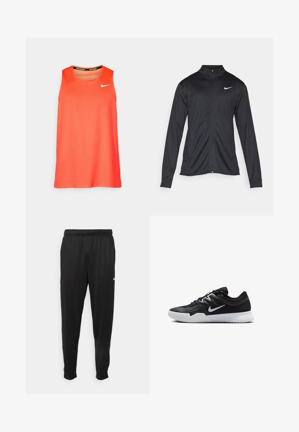 Svart idrettsjakke med lange ermer, krage og full glidelås. Har en subtil Nike-logo i hvitt på øvre venstre bryst. Glatt tekstur.; Lys oransje ermeløs Nike løpetopp med hvit swoosh-logo på brystet og "Nike Running"-tekst inne i kragen.; Svarte treningsbukser laget av glatt stoff, med elastisk midje, smale ben og en liten hvit logo på venstre side.; Svart treningssko med teksturert overdel, hvit Nike-swoosh og hvit gummisåle. Har snøring og en dynamisk form.