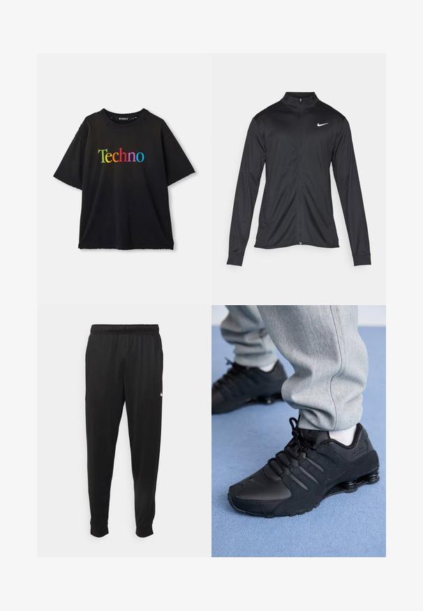Veste de sport noire à manches longues, avec col et fermeture éclair intégrale. Présente un logo Nike subtil en blanc sur le côté supérieur gauche de la poitrine. Texture lisse.; T-shirt noir à manches courtes avec "Techno" imprimé en grandes lettres colorées sur la poitrine, présentant une légère décoloration près de l'encolure.; Pantalon de sport noir en tissu lisse, avec une taille élastique, des jambes fuselées et un petit logo blanc sur le côté gauche.; Personne portant des baskets Nike Shox noires et un pantalon de survêtement gris, debout sur un tapis bleu clair.