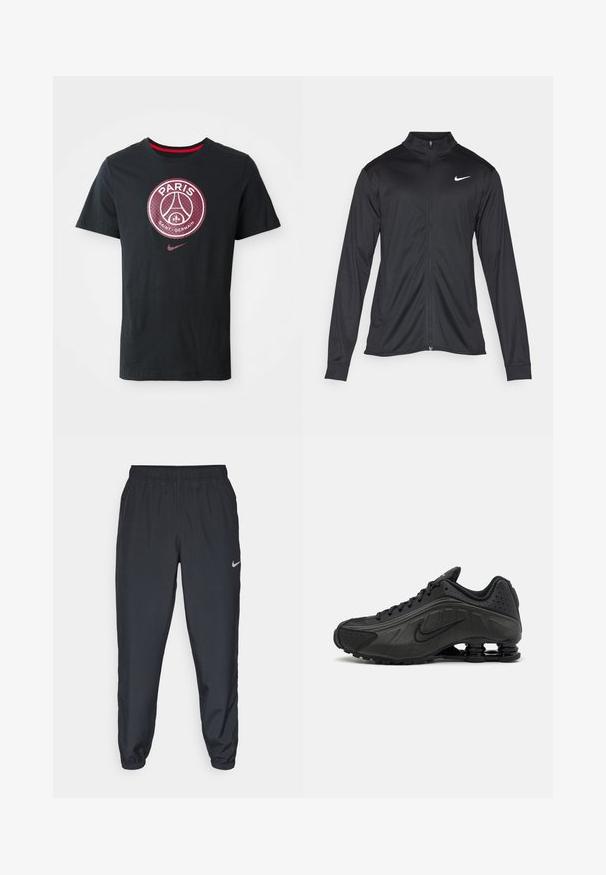 Musta urheilutakki pitkillä hihoilla, kauluksella ja kokonaisella vetoketjulla. Täydentää hienovarainen Nike-logo valkoisena vasemmassa ylärinnassa. Litteä pinta.; Mustat puuvillateepaidat, joissa on pyöreä painettu logo, jossa lukee "PARIS" ja "SAINT GERMAIN", punaiset yksityiskohdat ja pyöreä kaula-aukko.; Mustat juoksuhousut, jotka on valmistettu kevyestä kankaasta, jossa on joustava vyötärö, nilkkasuut ja huomaamaton Nike-logo vasemmalla puolella.; Mustat juoksukengät, joissa on sileä synteettinen päällinen, rei'itetyt yksityiskohdat, teksturoidut sivupaneelit ja erottuva joustava pohja.