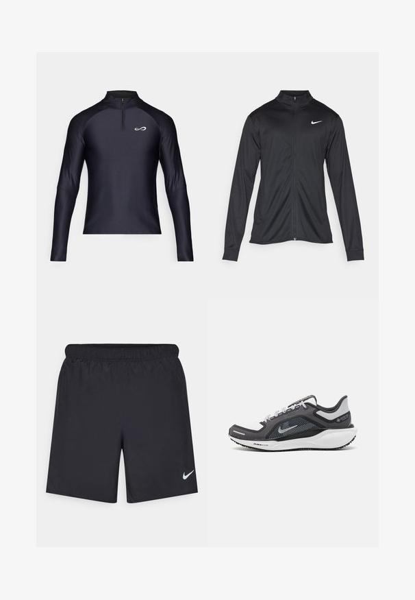 Svart idrottsjacka med långa ärmar, krage och full dragkedja. Har en diskret Nike-logga i vitt på övre vänstra bröstet. Slät yta.; Endless EPIC - Långärmad tröja - black/white; Svarta träningsshorts gjorda av lätt material med elastisk midja. Har en liten vit Nike-logotyp på nedre vänstra sidan.; Svart och grå atletisk sko med ovandel i mesh, reflexdetaljer och en vit mellansula. Har en strukturerad gummisula och skosnören.