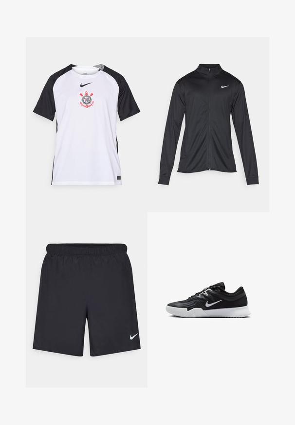 Svart idrettsjakke med lange ermer, krage og full glidelås. Har en subtil Nike-logo i hvitt på øvre venstre bryst. Glatt tekstur.; Hvit kortermet skjorte med svarte ermer, med en sentral logo med røde detaljer. Laget av pustende stoff, ideell for sport.; Svart sportskjørt laget av lett materiale med elastisk linning. Har en liten hvit Nike-logo nederst til venstre.; Svart treningssko med teksturert overdel, hvit Nike-swoosh og hvit gummisåle. Har snøring og en dynamisk form.