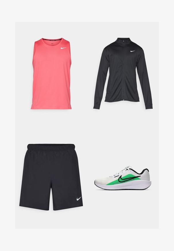 Jachetă sportivă neagră cu mâneci lungi, guler și fermoar complet. Prezintă un logo Nike subtil, alb, pe pieptul din stânga sus. Textură netedă.; Nike Performance MILER TANK - Top - aster pink/reflective silver; Pantaloni scurți atletici negri, fabricați dintr-un material ușor, cu un talie elastică. Au un mic logo alb Nike în partea stângă jos.; Pantof la sport alb cu un accent verde, logo negru, partea superioară din plasă, talpă căptușită și toc rotunjit. Dispune de șireturi și detalii în contrast.