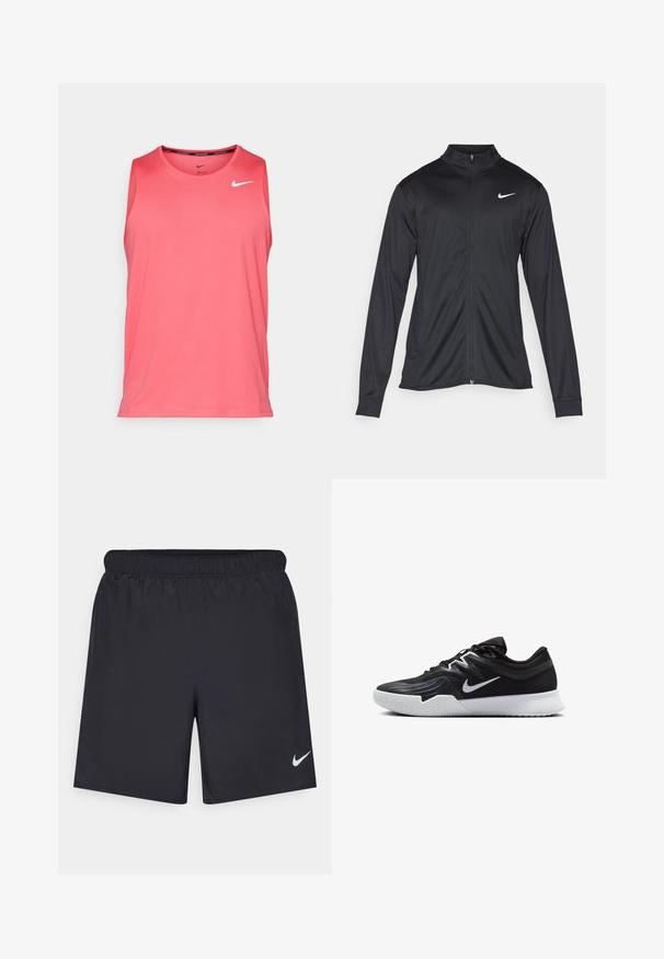 Fekete sportdzseki hosszú ujjal, gallérral és teljes cipzárral. Diszkrét fehér Nike logóval az upper bal mellen. Sima textúra.; Nike Performance MILER TANK - Felső - aster pink/reflective silver; Fekete sportnadrág könnyű anyagból, rugalmas derékkal. A bal alsó oldalon egy kis fehér Nike-logó található.; Fekete sportcipő texturált felsőrésszel, fehér Nike logóval és fehér gumitalppal. Fűzős kialakítással és dinamikus formával rendelkezik.