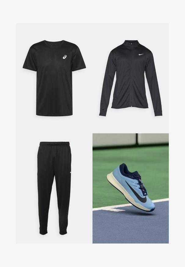 Black athletic jacket with long sleeves, collar, and full zipper. Features a subtle Nike logo in white on the upper left chest. Smooth texture.; ASICS CORE TOP - Sports T-shirt - performance black; Black athletic pants made of smooth fabric, featuring an elastic waistband, tapered legs, and a small white logo on the left side.; Light blue athletic shoe with navy accents, textured mesh upper, and black Swoosh logo. Features a cushioned midsole and rubber outsole.