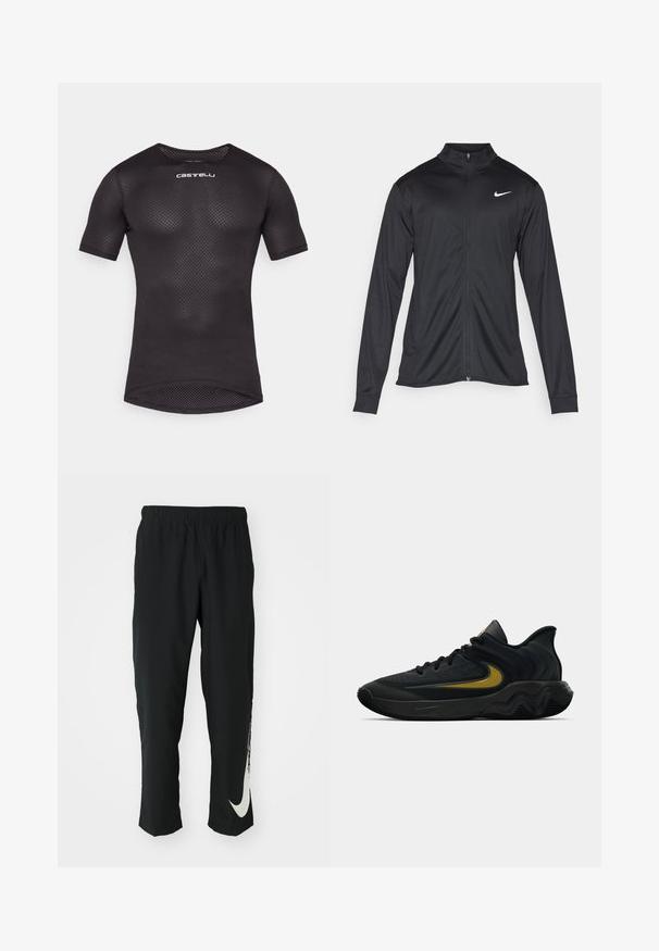 Jacket desportivo preto com mangas longas, colarinho e fecho zip completo. Apresenta um discreto logotipo da Nike em branco na parte superior do lado esquerdo do peito. Textura suave.; Camisola atlética de malha preta de mangas curtas com um design ajustado, gola redonda e um discreto logotipo da Castelli na frente. Textura leve e respirável.; Calças atléticas pretas com cintura elástica, design afunilado, apresentando um grande logótipo branco da Nike na perna esquerda. Tecido macio e leve.; Tênis atlético preto e cinza escuro com cadarços pretos e logotipo swoosh dourado, apresentando um design de sola ondulada e colarinho acolchoado no calcanhar.