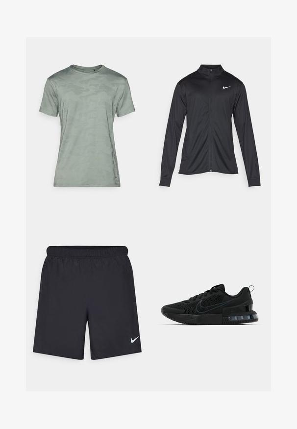 Melna sporta jaka ar garām piedurknēm, apkakli un pilnu rāvējslēdzēju. Uz kreisā krūts augšdaļas ir maigs Nike logo baltā krāsā. Gluda tekstūra.; Gaiši zaļš īsām piedurknēm T-krekls ar smalku kamuflāžas rakstu, apaļu kakla izgriezumu un gludu tekstūru bez redzamām detaļām vai akcentiem.; Melnas sporta šorti, izgatavoti no viegla materiāla, ar elastīgu jostu. Uz apakšējā kreisā stūra ir neliels balts Nike logo.; Melnas Nike sporta kurpes ar sietu augšpusi, gumijas zoli, polsterētu apkakli un izteiktu caurspīdīgu papēdi.