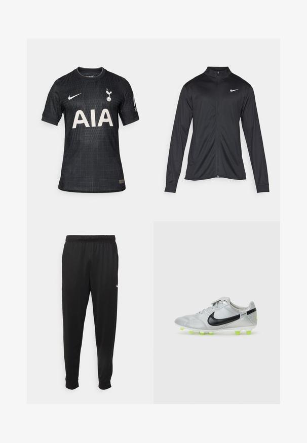 Μαύρο αθλητικό μπουφάν με μακριά μανίκια, γιακά και πλήρη φερμουάρ. Διαθέτει ένα διακριτικό λευκό λογότυπο της Nike στη πάνω αριστερή πλευρά του στήθους. Λείος υφασμάτινος χαρακτήρας.; Μαύρη ποδοσφαιρική φανέλα από ελαφρύ ύφασμα, με υφή, στρογγυλό λαιμό και κοντά μανίκια, καθώς και λευκό λογότυπο "AIA" μπροστά.; Μαύρο αθλητικό παντελόνι από λείο ύφασμα, με ελαστική μέση, κοφτά μπατζάκια και μικρό λευκό λογότυπο στην αριστερή πλευρά.; Ασημένιο ποδοσφαιρικό παπούτσι με μαύρο λογότυπο Nike, λεπτομέρειες από διχτυωτό υλικό και φωσφορίζοντα πράσινα καρφιά. Διαθέτει σχέδιο με κορδόνια και υφή στην επάνω επιφάνεια για καλύτερη πρόσφυση.