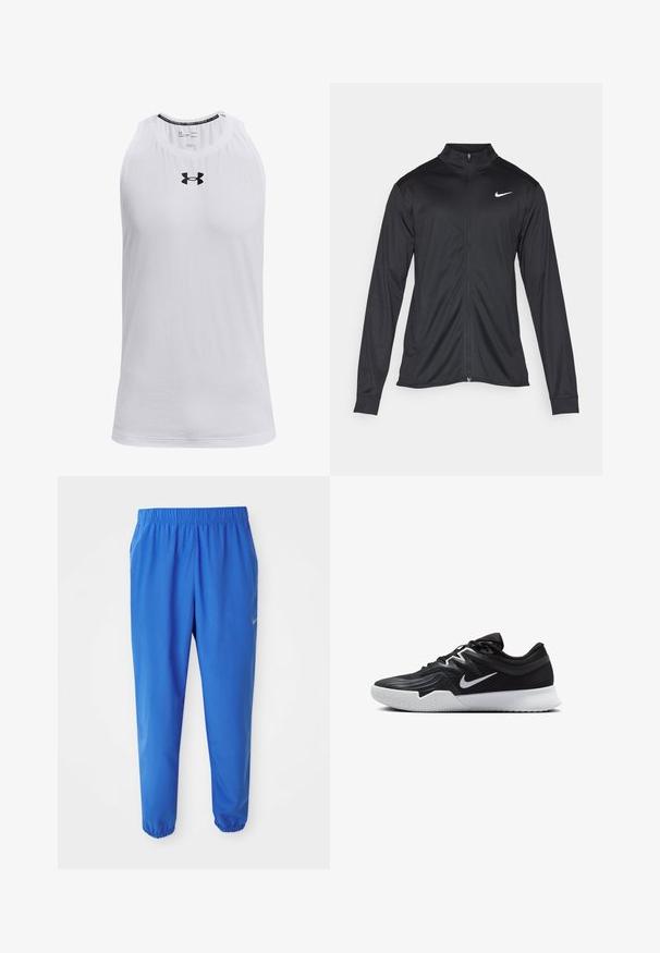 Zwarte sportjack met lange mouwen, kraag en volle rits. Voorzien van een subtiele Nike-logo in het wit op de bovenste linkerborst. Soepele textuur.; Witte mouwloze tanktop van zachte stof, met een ronde halslijn en een zwart Under Armour-logo op de borst.; Blauwe sportieve broek met elastische tailleband, recht gesneden pijpen en taps toelopende boorden. Bevat het Nike-logo in het goud aan de linkerzijde.; Zwarte sportieve schoen met een gestructureerde bovenkant, witte Nike swoosh en een witte rubberen zool. Beschikt over een veterontwerp en een dynamische vorm.
