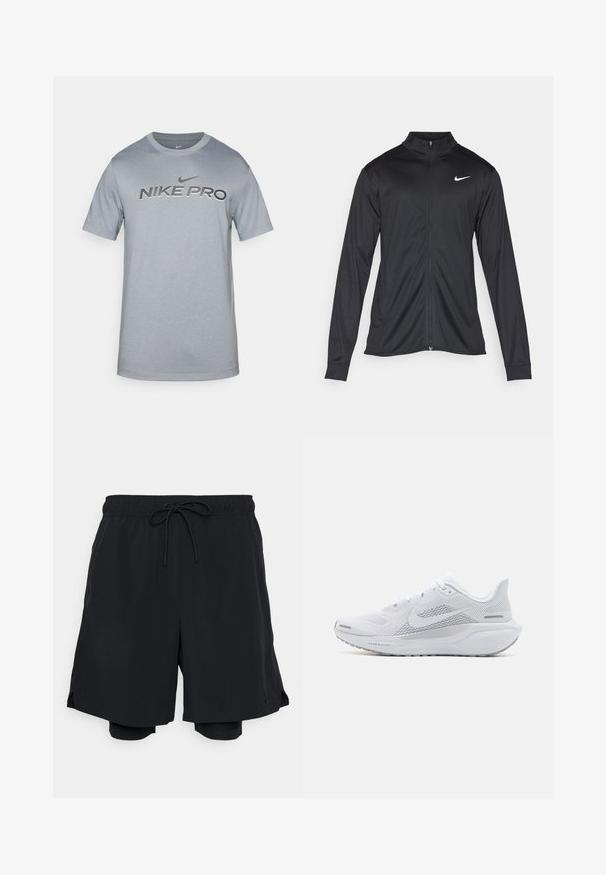 Must värvi sportlik jakk pikkade varrukatega, krae ja täispikk tõmblukk. Ülemises vasakus rinnas on diskreetne valge Nike logo. Sile tekstuur.; Heledhalli Nike Pro t-särk lühikeste varrukatega, ümar kaelus ja esiosas silmapaistev must logo. Pehme, sile kangast tekstuur.; Mustad mustad lühikesed püksid, mis on valmistatud kergest kangast, elastse vöökoha ja reguleeritava nööriga, ning neid sisepükse.; Valge sportlik king, millel on võrgust pealne osa, sujuva tekstuuriga kattekiht, hallid aktsendid, sidemed ja pehmendatud tald, mis on mõeldud sooritusvõime jaoks.
