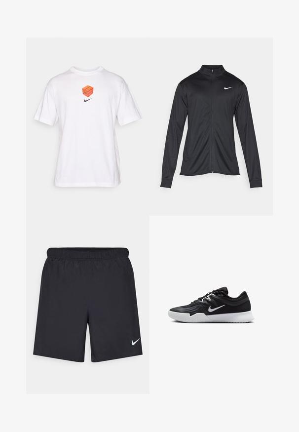 Black athletic jacket with long sleeves, collar, and full zipper. Features a subtle Nike logo in white on the upper left chest. Smooth texture.; White cotton t-shirt with short sleeves, featuring a graphic of an orange basketball cube and a black Nike logo centered below it.; Black athletic shorts made of lightweight material with an elastic waistband. Features a small white Nike logo on the lower left side.; Black athletic shoe with a textured upper, white Nike swoosh, and a white rubber outsole. Features a lace-up design and dynamic shape.