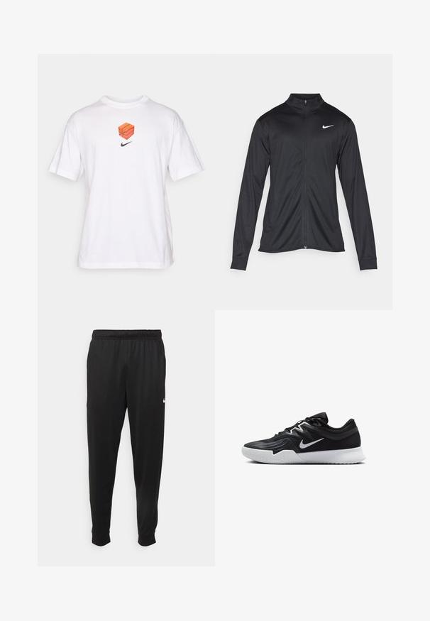 Melna sporta jaka ar garām piedurknēm, apkakli un pilnu rāvējslēdzēju. Uz kreisā krūts augšdaļas ir maigs Nike logo baltā krāsā. Gluda tekstūra.; Balta kokvilnas T-kreklu ar īsām piedurknēm, uz kura attēlots oranžs basketbola kubs un melns Nike logo, kas novietots centrā zem tā.; Melnas sporta bikses, kas izgatavotas no gludas auduma, ar elastīgu jostu, sašaurinošām kājām un mazu balto logo kreisajā pusē.; Melni sporta apavi ar teksturētu virsu, balto Nike zulumu un balto gumijas zoli. Iezīmējas ar auklu pievilkšanas dizainu un dinamisku formu.