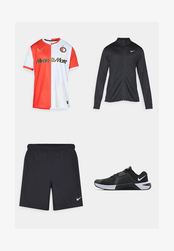 Melna sporta jaka ar garām piedurknēm, apkakli un pilnu rāvējslēdzēju. Uz kreisā krūts augšdaļas ir maigs Nike logo baltā krāsā. Gluda tekstūra.; Sarkans un balts sporta krekls ar īsām piedurknēm, ar V veida kakla izgriezumu, logo un zelta krāsā "Media Markt" tekstu. Izgatavots no teksturētas auduma.; Melnas sporta šorti, izgatavoti no viegla materiāla, ar elastīgu jostu. Uz apakšējā kreisā stūra ir neliels balts Nike logo.; Nike Performance METCON 10 - Treniņkurpes - black/white/anthracite