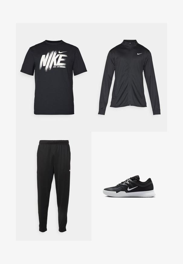 Svart idrottsjacka med långa ärmar, krage och full dragkedja. Har en diskret Nike-logga i vitt på övre vänstra bröstet. Slät yta.; Svart kortärmad T-shirt i mjukt material med en vit grafisk "NIKE"-logotyp i penselstil och texten "ETABL. 1972" under.; Svarta träningsbyxor i slät tyg, med elastisk midja, avsmalnande ben och en liten vit logotyp på vänster sida.; Svarta träningsskor med en texturerad ovandel, vit Nike-logga och en vit gummisula. Har snörningsdesign och en dynamisk form.