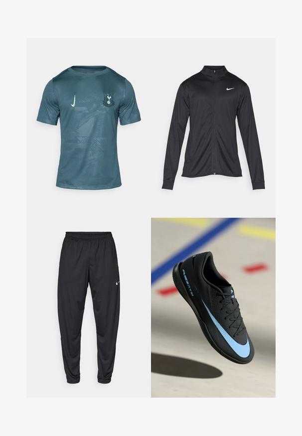 Giacca sportiva nera con maniche lunghe, colletto e zip completa. Presenta un logo Nike in bianco sulla parte superiore del lato sinistro del petto. Tessuto morbido.; Maglietta da calcio Nike a maniche corte da uomo in teal con una superficie leggermente strutturata, che presenta il logo del club sul lato sinistro del petto e un motivo sottile.; Pantaloni sportivi neri con elastico in vita, gambe affusolate e un piccolo logo bianco Nike sulla coscia sinistra. Tessuto liscio, senza fantasie.; Scarpa sportiva nera con dettagli blu, superficie testurizzata, design a lacci e logo Nike distintivo. Suola in gomma con pattern antiscivolo.