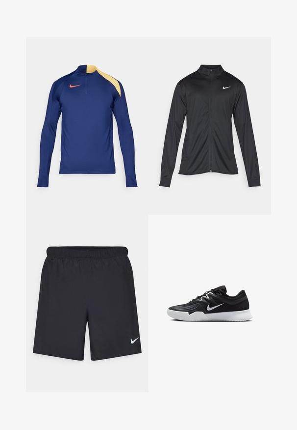 Must värvi sportlik jakk pikkade varrukatega, krae ja täispikk tõmblukk. Ülemises vasakus rinnas on diskreetne valge Nike logo. Sile tekstuur.; Tumed sinine pikkade varrukatega sporditopp, millel on kollane õlavarre aktsent, pooltõmbluku krae ja punane Nike swoosh logo rinnal.; Mustad mustikud lühikesed püksid, mis on valmistatud kergest materjalist ja millel on elastne vöökoht. Alumisel vasakul küljel on väike valge Nike logo.; Must mustad jalanikesad rikaste ülaservaga, valge Nike swoosh'i ja valge kummist välispõhjaga. Omab paeltega sulgemisdetaili ja dünaamilist kuju.