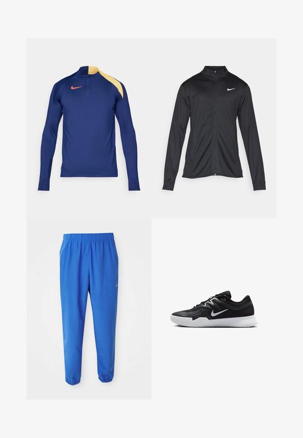 Čierna športová bunda s dlhými rukávmi, golierom a plným zipsom. Obsahuje nenápadné logo Nike v bielej farbe na hornej ľavej hrudi. Hladká textúra.; Námornícky modrý športový top s dlhým rukávom, žltým akcentom na pleci, polovičným zipom na golieri a červeným logom Nike swoosh na hrudi.; Modré športové nohavice s elastickým pásom, priame nohy s užšími manžetami. Na ľavej strane je zlaté logo Nike.; Čierna športová topánka s textúrovaným zvrškom, bielym logom Nike a bielou gumovou podrážkou. Má šnurovací dizajn a dynamický tvar.