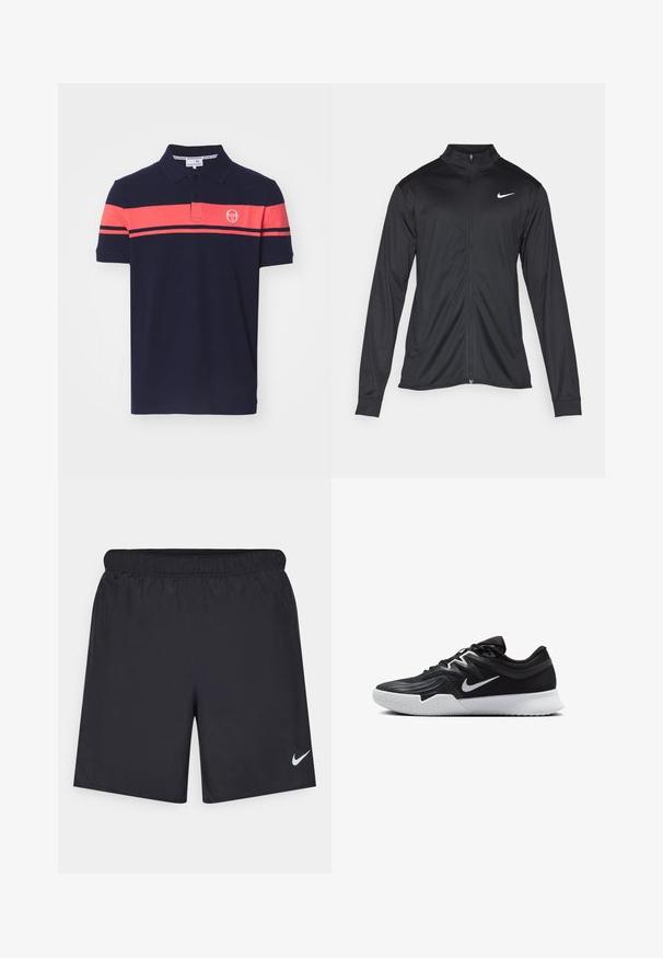 Jacket desportivo preto com mangas longas, colarinho e fecho zip completo. Apresenta um discreto logotipo da Nike em branco na parte superior do lado esquerdo do peito. Textura suave.; Polo azul-marinho com mangas curtas, apresentando uma risca horizontal vermelha e um detalhe de logotipo. O material parece suave e respirável.; Calças de desporto pretas feitas de material leve com uma cintura elástica. Apresenta um pequeno logótipo branco da Nike no canto inferior esquerdo.; Sapatilha atlética preta com um cabedal texturizado, swoosh branco da Nike e uma sola de borracha branca. Apresenta um design com atacadores e uma forma dinâmica.