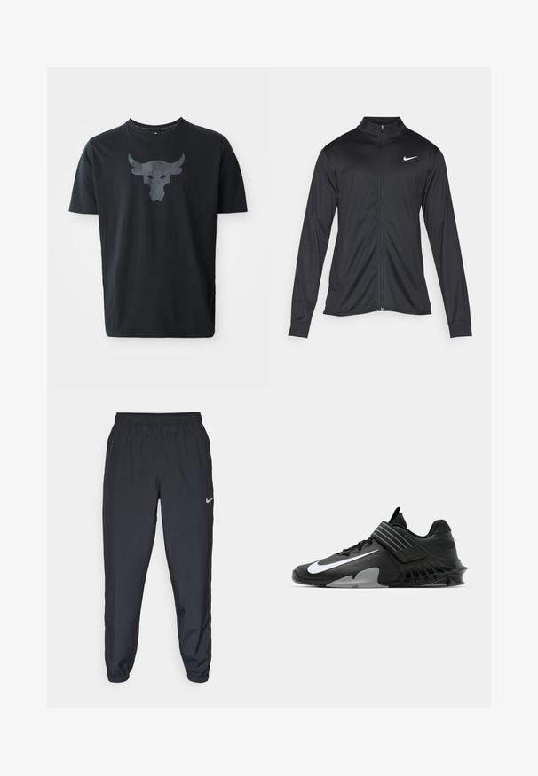 Jacket desportivo preto com mangas longas, colarinho e fecho zip completo. Apresenta um discreto logotipo da Nike em branco na parte superior do lado esquerdo do peito. Textura suave.; T-shirt preta de manga curta, feita de algodão, com um logo texturizado de touro cinza na frente. Gola redonda com costura reforçada.; Calças de treino pretas feitas de um tecido leve, com um cós elástico, punhos nos tornozelos e um discreto logótipo da Nike no lado esquerdo.; Sapatilhas de desporto pretas com um design elegante, apresentando um proeminente logótipo branco da Nike, sobreposições texturizadas e uma sola moldada distinta.