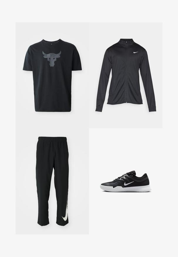 Veste de sport noire à manches longues, avec col et fermeture éclair intégrale. Présente un logo Nike subtil en blanc sur le côté supérieur gauche de la poitrine. Texture lisse.; T-shirt noir à manches courtes en coton, avec un logo de taureau texturé gris sur le devant. Encolure ras du cou avec couture renforcée.; Pantalons de sport noirs avec une ceinture élastique, design fuselé, dotés d'un grand logo Nike blanc sur la jambe gauche. Tissu doux et léger.; Chaussure de sport noire avec une tige texturée, un swoosh blanc de Nike et une semelle extérieure en caoutchouc blanc. Elle présente un design à lacets et une forme dynamique.