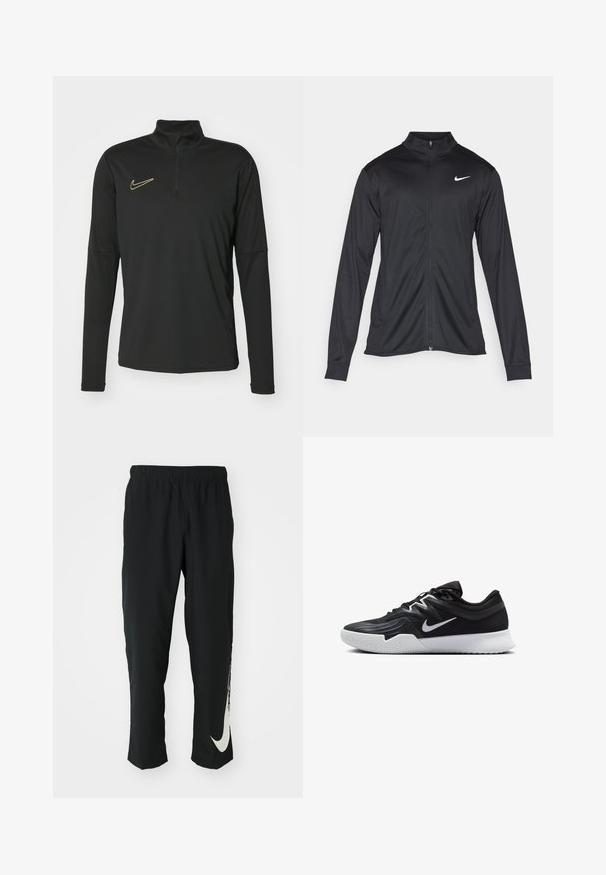 Black athletic jacket with long sleeves, collar, and full zipper. Features a subtle Nike logo in white on the upper left chest. Smooth texture.; Black long-sleeve pullover with a quarter-zip collar, featuring a gold Nike logo on the chest. Made from a smooth, stretchy fabric.; Black athletic pants with elastic waistband, tapering design, featuring a large white Nike logo on the left leg. Soft, lightweight fabric.; Black athletic shoe with a textured upper, white Nike swoosh, and a white rubber outsole. Features a lace-up design and dynamic shape.