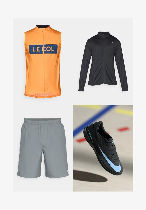 Jacket desportivo preto com mangas longas, colarinho e fecho zip completo. Apresenta um discreto logotipo da Nike em branco na parte superior do lado esquerdo do peito. Textura suave.; Jersey de ciclismo laranja sem mangas com fecho na frente, apresentando um logotipo retangular azul "LE COL" e um detalhe em rede na bainha. Tecido leve.; Calções atléticos cinzentos com uma cintura elástica, bolsos laterais e um pequeno logótipo branco no canto inferior direito. Textura suave.; Shoe atlético preto com detalhes azuis, superfície texturizada, design de atacadores e logótipos distintivos da Nike. Sola em borracha com padrões de aderência.