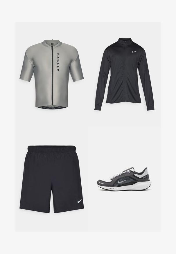 Crna sportska jakna s dugim rukavima, ovratnikom i punim patentnim zatvaračem. Ima suptilan Nike logo u bijeloj boji na gornjem lijevom dijelu prsne oznake. Glatka tekstura.; Majica za biciklizam s kratkim rukavima od glatkog sivog materijala s prednjim zatvaračem, s crnim logom "OAKLEY" i uskim krojem.; Crne atletske kratke hlače od laganog materijala s elastičnom tačkom. Imaju mali bijeli Nike logo na donjoj lijevoj strani.; Crne i sive atletske cipele s mrežastim gornjim dijelom, reflektirajućim detaljima i bijelim među-djelom. Imaju strukturiranu gumenu potplate i vezice.