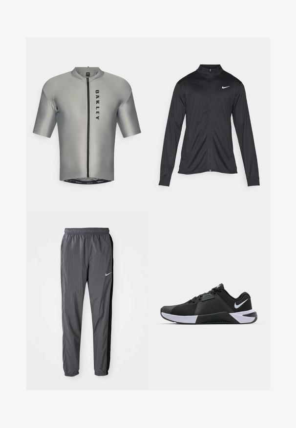 Veste de sport noire à manches longues, avec col et fermeture éclair intégrale. Présente un logo Nike subtil en blanc sur le côté supérieur gauche de la poitrine. Texture lisse.; Maillot de cyclisme à manches courtes en tissu gris lisse avec une fermeture éclair sur le devant, arborant un logo "OAKLEY" noir et une coupe ajustée.; Pantalons de survêtement Nike, fabriqués en tissu léger, de couleur gris foncé avec des panneaux latéraux noirs. Présente une taille élastique et un logo réfléchissant.; Nike Performance METCON 10 - Chaussures fitness - black/white/anthracite