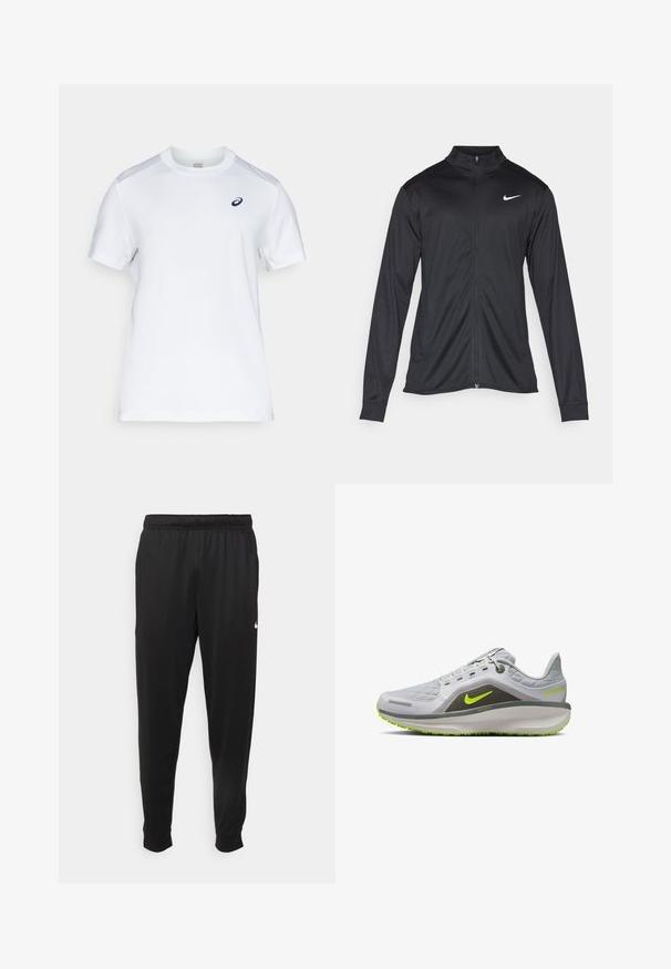 Svart idrottsjacka med långa ärmar, krage och full dragkedja. Har en diskret Nike-logga i vitt på övre vänstra bröstet. Slät yta.; Vit sport t-shirt tillverkad av lätt och ventilerande tyg. Har korta ärmar, rund halsringning och en liten marinblå logotyp på bröstet.; Svarta träningsbyxor i slät tyg, med elastisk midja, avsmalnande ben och en liten vit logotyp på vänster sida.; Grå sportskor med en texturerad ovandel, neongröna accenter, en dämpad sula och en lätt design. Har en synlig logotyp och detaljer.