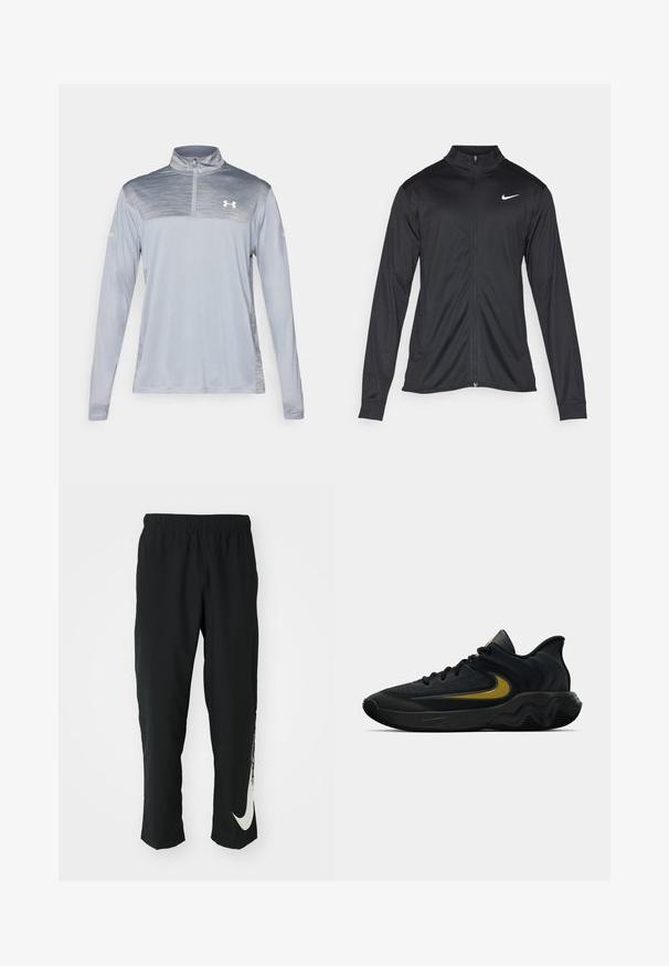 Schwarze Sportjacke mit langen Ärmeln, Kragen und voller Reißverschluss. Verfügt über ein dezentes Nike-Logo in Weiß auf der oberen linken Brust. Glatte Textur.; Hellgraues Performance-Shirt mit langen Ärmeln und einem Viertel-Reißverschluss-Hals, das ein strukturiertes Oberteil und dezente Markenkennung auf der Brust aufweist.; Schwarze Sporthose mit elastischem Bund und taillierter Passform, auf der linken Beinschulter befindet sich ein großes weißes Nike-Logo. Weicher, leichter Stoff.; Schwarzer und dunkelgrauer Sportschuh mit schwarzen Schnürsenkeln und goldenem Swoosh-Logo, ausgestattet mit einem gewellten Sohlen design und gepolstertem Fersenkragen.