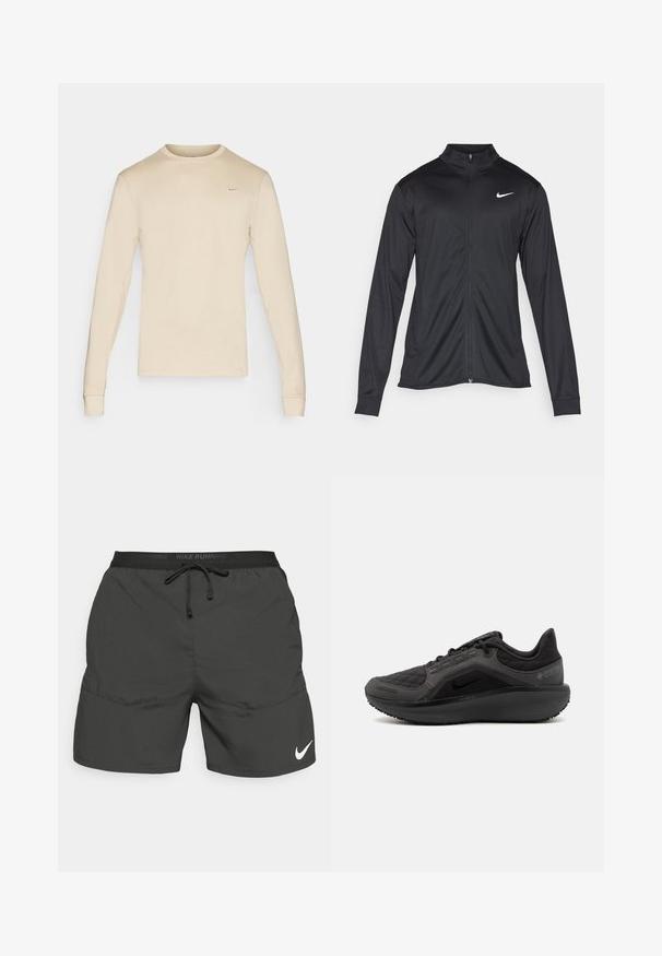 Giacca sportiva nera con maniche lunghe, colletto e zip completa. Presenta un logo Nike in bianco sulla parte superiore del lato sinistro del petto. Tessuto morbido.; T-shirt Nike beige a maniche lunghe con scollatura rotonda e un piccolo logo in alto a sinistra. Tessuto liscio con polsini aderenti.; Pantaloni da corsa neri con vita elastica, cordino, tasche laterali e logo Nike bianco sulla gamba sinistra.; Scarpa sportiva nera con tomaia trapuntata testurizzata, design elegante e suola in gomma nera. Presenta un logo visibile e il marchio Gore-Tex.