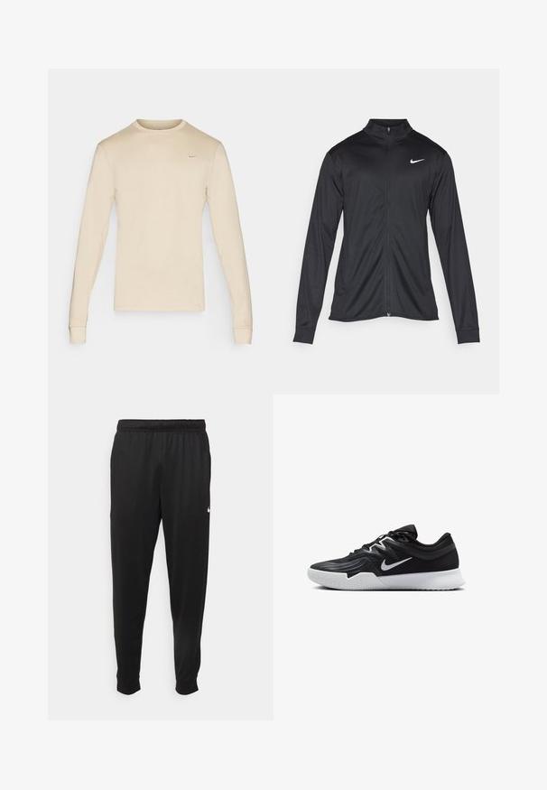 Jacket desportivo preto com mangas longas, colarinho e fecho zip completo. Apresenta um discreto logotipo da Nike em branco na parte superior do lado esquerdo do peito. Textura suave.; Camisola Nike de manga longa bege com decote redondo e um pequeno logótipo no lado superior esquerdo. Tecido suave com punhos ajustados.; Calças de desporto pretas feitas de tecido suave, com uma cintura elástica, pernas ajustadas e um pequeno logo branco no lado esquerdo.; Sapatilha atlética preta com um cabedal texturizado, swoosh branco da Nike e uma sola de borracha branca. Apresenta um design com atacadores e uma forma dinâmica.