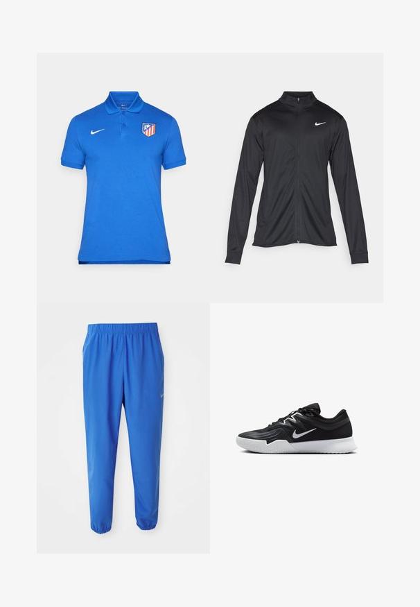 Giacca sportiva nera con maniche lunghe, colletto e zip completa. Presenta un logo Nike in bianco sulla parte superiore del lato sinistro del petto. Tessuto morbido.; Polo shirt blu in cotone, con colletto, pattina con tre bottoni, maniche corte e logo del club rosso e giallo sul petto sinistro.; Pantaloni sportivi blu con cintura elastica, design a gamba dritta e polsini affusolati. Presenta il logo Nike in oro sul lato sinistro.; Scarpa sportiva nera con tomaia testurizzata, logo Nike swoosh bianco e suola in gomma bianca. Presenta un design con lacci e una forma dinamica.