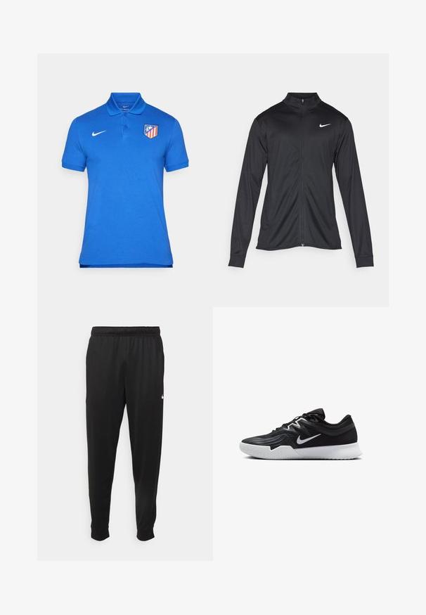 Čierna športová bunda s dlhými rukávmi, golierom a plným zipsom. Obsahuje nenápadné logo Nike v bielej farbe na hornej ľavej hrudi. Hladká textúra.; Modrá polo košeľa vyrobená z bavlny, s golierom, trojokotovým zapínaním, krátkymi rukávmi a červeným a žltým logom klubu na ľavej hrudi.; Čierne športové nohavice z hladkej tkaniny, s elastickým pásom, zužujúcimi sa nohavicami a malým bielym logom na ľavej strane.; Čierna športová topánka s textúrovaným zvrškom, bielym logom Nike a bielou gumovou podrážkou. Má šnurovací dizajn a dynamický tvar.
