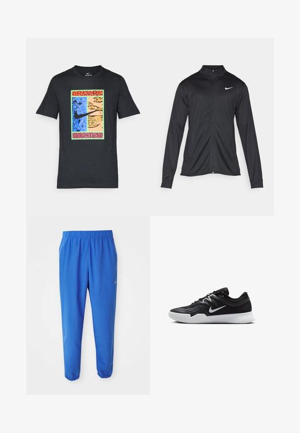 Juodas sportinis švarkas su ilgomis rankovėmis, apykakle ir pilnu užtrauktuku. Yra subtilus baltas Nike logotipas kairėje krūtinės pusėje. Lygus tekstūra.; Juodas marškinėliai su spalvingu grafiniu dizainu, turinčiu mėlynų, oranžinių ir raudonų skyrių, Nike logotipu ir rožiniu zebro juostų raštu apačioje.; Mėlynos sportinės kelnės su elastine juosta, tiesios kojos dizainu ir siaurėjantys rankogaliai. Kairėje pusėje yra auksinis Nike logotipas.; Juodos sportinės bateliai su tekstūruota viršutine dalimi, balta Nike swoosh ir balta gumine išorine dalimi. Yra su raištelių užsegimo dizainu ir dinamine forma.