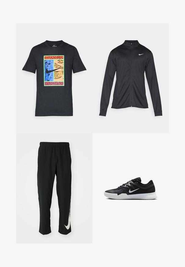 Svart idrottsjacka med långa ärmar, krage och full dragkedja. Har en diskret Nike-logga i vitt på övre vänstra bröstet. Slät yta.; Svart t-shirt med en färgglad grafisk design som har blå, orange och röda sektioner, en Nike-logotyp och ett rosa zebramönster längst ner.; Svarta träningsbyxor med elastisk midja, avsmalnande design, med en stor vit Nike-logotyp på vänster ben. Mjuk, lättviktig tyg.; Svarta träningsskor med en texturerad ovandel, vit Nike-logga och en vit gummisula. Har snörningsdesign och en dynamisk form.