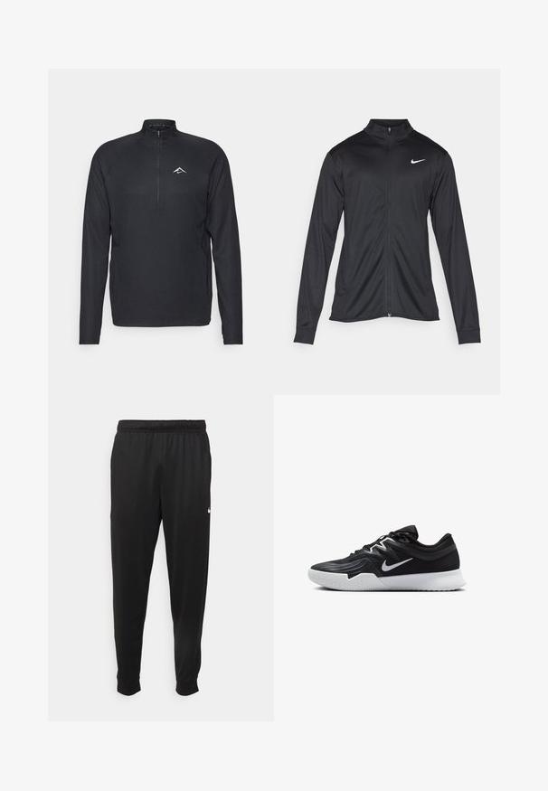 Schwarze Sportjacke mit langen Ärmeln, Kragen und voller Reißverschluss. Verfügt über ein dezentes Nike-Logo in Weiß auf der oberen linken Brust. Glatte Textur.; Schwarzer Pullover mit langen Ärmeln und einem halben Reißverschluss, aus strukturiertem Material und mit einem kleinen, weißen Logo auf der Brust.; Schwarze Sporthosen aus glattem Stoff, mit einem elastischen Bund, schmal zulaufenden Beinen und einem kleinen weißen Logo auf der linken Seite.; Schwarzer Sportschuh mit strukturiertem Obermaterial, weißem Nike-Warenzeichen und einer weißen Gummisohle. Verfügt über ein Schnürdesign und eine dynamische Form.
