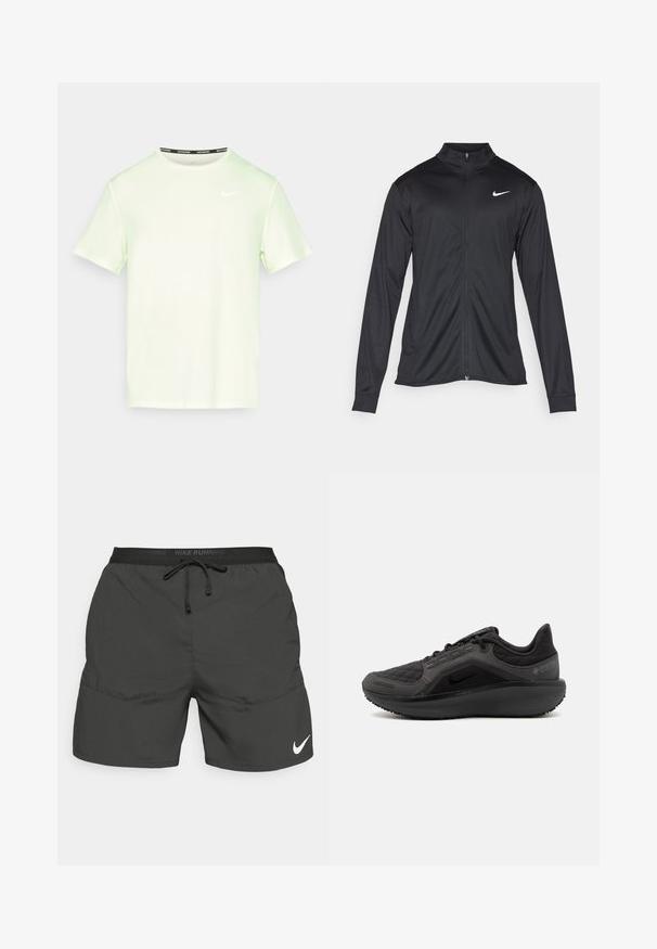 Melna sporta jaka ar garām piedurknēm, apkakli un pilnu rāvējslēdzēju. Uz kreisā krūts augšdaļas ir maigs Nike logo baltā krāsā. Gluda tekstūra.; Gaiši zaļš Nike T-krekls ar īsām piedurknēm, apaļu kakla izgriezumu un mazu baltu logo uz krūšu daļas. Gluda, viegla auduma.; Melnas skriešanas šortos ar elastīgu jostu, aukliņu, sānu kabatām un balto Nike logo apakšējā kreisajā kājā.; Melnas sporta kurpes ar teksturētu, izšūtu augšpusi, elegantu dizainu un melnu gumijas zoli. Piedāvā redzamu logotipu un Gore-Tex zīmola atzīmēšanu.