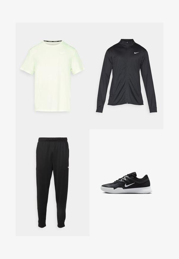 Jachetă sportivă neagră cu mâneci lungi, guler și fermoar complet. Prezintă un logo Nike subtil, alb, pe pieptul din stânga sus. Textură netedă.; Tricou Nike verde deschis cu mâneci scurte, guler rotund și un mic logo alb pe piept. Tesătură netedă, ușoară.; Pantaloni sportivi negri dintr-o țesătură netedă, cu un elastic la brâu, picioare conice și un mic logo alb pe partea stângă.; Pantof sport negru cu un superior texturat, swoosh alb Nike și o tălpică din cauciuc alb. Dispune de un design cu șireturi și o formă dinamică.
