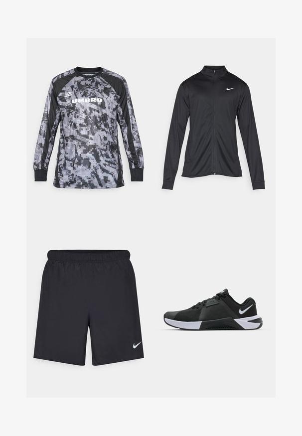 Musta urheilutakki pitkillä hihoilla, kauluksella ja kokonaisella vetoketjulla. Täydentää hienovarainen Nike-logo valkoisena vasemmassa ylärinnassa. Litteä pinta.; Pitkähihainen urheilu paita harmaan ja mustan kamouflagekuvioinnin kanssa, jossa on musta pyöreä pääntie ja "UMBRO"-logo edessä.; Mustat urheilushortsit, jotka on valmistettu kevyestä materiaalista ja joissa on joustava vyötärö. Alareunassa vasemmalla puolella on pieni valkoinen Nike-logo.; Nike Performance METCON 10 - Treenikenkä - black/white/anthracite