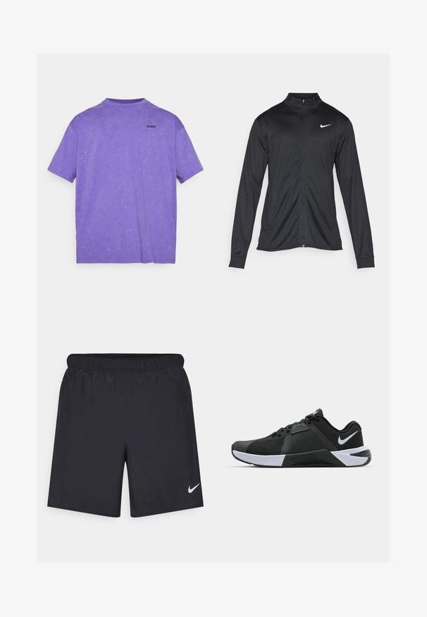 Zwarte sportjack met lange mouwen, kraag en volle rits. Voorzien van een subtiele Nike-logo in het wit op de bovenste linkerborst. Soepele textuur.; Under Armour LOGO WASH - T-shirt basic - lavish/white; Zwarte sportshorts gemaakt van lichtgewicht materiaal met een elastische tailleband. Voorzien van een klein wit Nike-logo aan de onderzijde aan de linkerkant.; Nike Performance METCON 10 - Trainingsschoen - black/white/anthracite