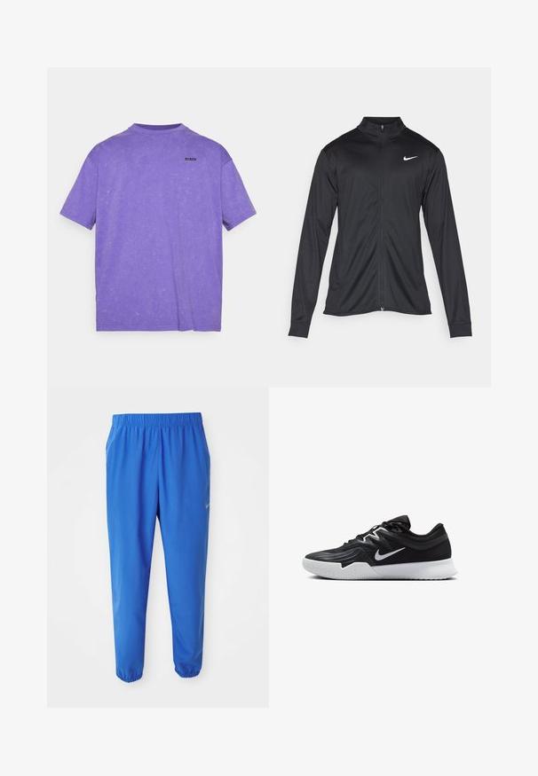 Svart idrottsjacka med långa ärmar, krage och full dragkedja. Har en diskret Nike-logga i vitt på övre vänstra bröstet. Slät yta.; Under Armour LOGO WASH - T-shirt - bas - lavish/white; Blå träningbyxor med elastisk midja, raka ben och avsmalnade mudd. Har Nike-logotyp i guld på vänster sida.; Svarta träningsskor med en texturerad ovandel, vit Nike-logga och en vit gummisula. Har snörningsdesign och en dynamisk form.