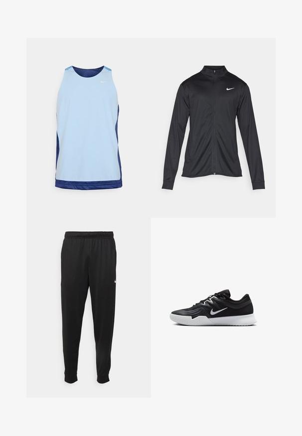 Juodas sportinis švarkas su ilgomis rankovėmis, apykakle ir pilnu užtrauktuku. Yra subtilus baltas Nike logotipas kairėje krūtinės pusėje. Lygus tekstūra.; Šviesiai mėlynas sportinis marškinėlis su tinklinio tekstūra, tamsiai mėlyni šoniniai raštai, apvalus iškirpimas ir mažas baltas logotipas ant krūtinės.; Juodi sportiniai kelnės, pagamintos iš lygaus audinio, turinčios elastinę juosmenį, siaurėjantys sijonai ir mažas baltas logotipas kairėje pusėje.; Juodos sportinės bateliai su tekstūruota viršutine dalimi, balta Nike swoosh ir balta gumine išorine dalimi. Yra su raištelių užsegimo dizainu ir dinamine forma.