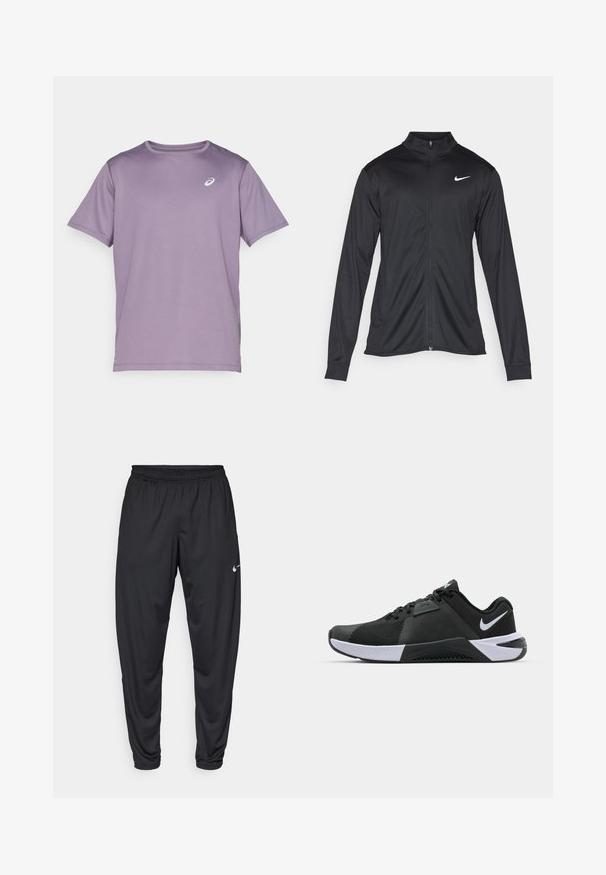 Jachetă sportivă neagră cu mâneci lungi, guler și fermoar complet. Prezintă un logo Nike subtil, alb, pe pieptul din stânga sus. Textură netedă.; Tricou sportiv cu mânecă scurtă de culoare purpurie, realizat dintr-un material ușor, cu guler rotund și un mic logo alb pe piept.; Pantaloni atletici negri cu un elastic la talie, picioare conice și un mic logo alb Nike pe coapsa stângă. Material neted, fără modele.; Nike Performance METCON 10 - Pantofi training - black/white/anthracite